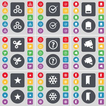 Gear, Tick, Battery, Scissors, Question mark, CCTV, Star, Snowflake, Marker icon symbol. A large set of flat, colored buttons for your design. illustration