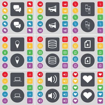 Chat, Megaphone, Connection, Checkpoint, Database, Download file, Laptop, Sound, Heart icon symbol. A large set of flat, colored buttons for your design. illustration