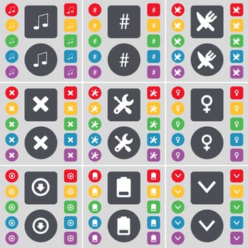 Note, Hashtag, Fork and knife, Stop, Wrench, Venus symbol, Arrow down, Battery, Arrow down icon symbol. A large set of flat, colored buttons for your design. illustration