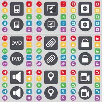 Mobile phone, Monitor, Socket, DVD, Clip, Lock, Sound, Checkpoint, Film camera icon symbol. A large set of flat, colored buttons for your design. illustration