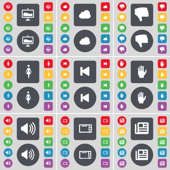 Graph, Cloud, Dislike, Silhouette, Media skip, Hand, Sound, Microwave, Newspaper icon symbol. A large set of flat, colored buttons for your design. illustration