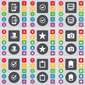 Smartphone, Tick, Server, Silk hat, Star, Camera, Tick, Survey, Battery icon symbol. A large set of flat, colored buttons for your design. illustration