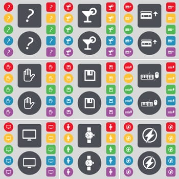 Question mark, Cocktail, Cassette, Hand, Floppy, Keyboard, Monitor, Wrist watch, Flash icon symbol. A large set of flat, colored buttons for your design. illustration