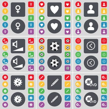Venus symbol, Heart, Avatar, Volume, Ball, Arrow left, Gear, Pencil, DVD icon symbol. A large set of flat, colored buttons for your design. illustration