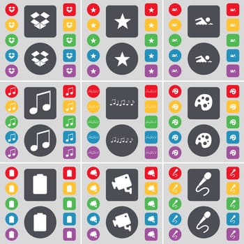 Dropbox, Star, Swimmer, Note, Palette, Battery, CCTV, Microphone icon symbol. A large set of flat, colored buttons for your design. illustration