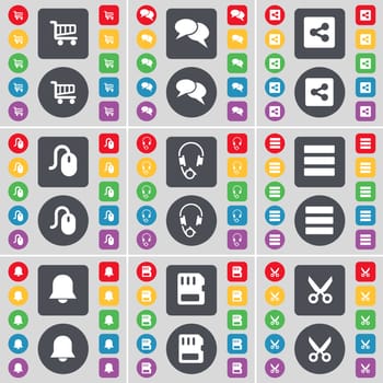 Shopping cart, Chat, Share, Mouse, Headphones, Apps, Notification, SIM card, Scissors icon symbol. A large set of flat, colored buttons for your design. illustration