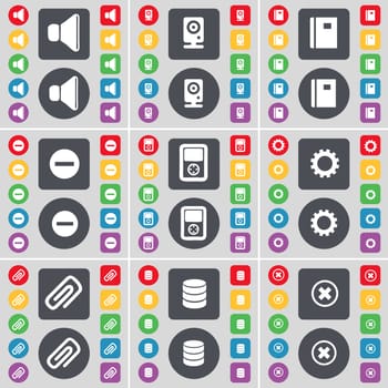 Sound, Speaker, Notebook, Minus, Player, Gear, Clip, Database, Stop icon symbol. A large set of flat, colored buttons for your design. illustration