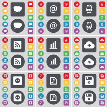 Chat cloud, Mail, Train, RSS, Diagram, Cloud, Socket, Music file, Floppy icon symbol. A large set of flat, colored buttons for your design. illustration