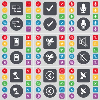 Connection, Tick, Microphone, Mobile phone, Scissors, Mute, Palm, Arrow left, Satellite dish icon symbol. A large set of flat, colored buttons for your design. illustration