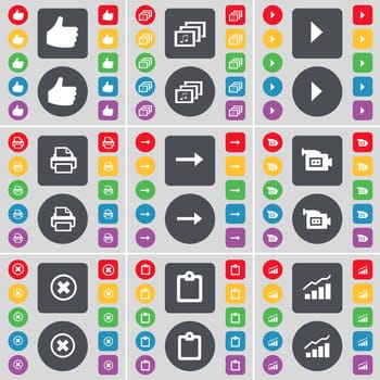 Like, Gallery, Media play, Printer, Arrow right, Film camera, Stop, Survey, Graph icon symbol. A large set of flat, colored buttons for your design. illustration