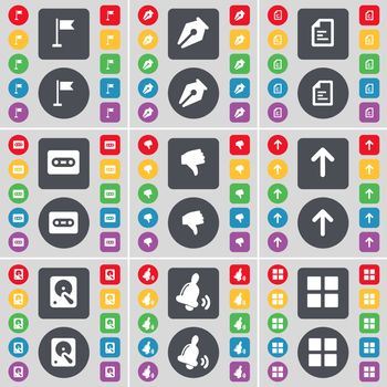 Golf hole, Ink pen, Text file, Cassette, Dislike, Arrow up, Hard drive, Bell, Apps icon symbol. A large set of flat, colored buttons for your design. illustration