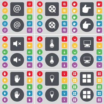 Mail, Videotape, Hand, Mute, Thermometer, Monitor, Hand, Checkpoint, Apps icon symbol. A large set of flat, colored buttons for your design. illustration