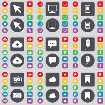 Cursor, Monitor, Mobile phone, Cloud, Chat bubble, Mouse, Charging, Marker icon symbol. A large set of flat, colored buttons for your design. illustration