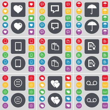 Heart, Chat bubble, Umbrella, Tablet PC, Survey, Text file, Smile, Heart, Cassette icon symbol. A large set of flat, colored buttons for your design. illustration