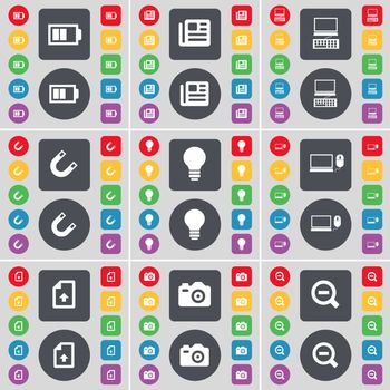 Battery, Newspaper, Laptop, Magnet, Lgiht bulb, Laptop, Upload file, Camera, Magnifying glass icon symbol. A large set of flat, colored buttons for your design. illustration