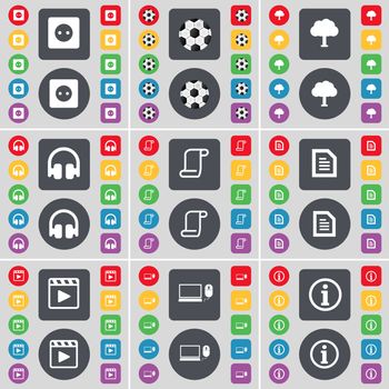 Socket, Ball, Tree, Headphones, Scroll, Text file, Media player, Laptop, Information icon symbol. A large set of flat, colored buttons for your design. illustration
