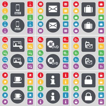 Smartphone, Message, Suitcase, Picture, DVD, SMS, Cup, Information, Lock icon symbol. A large set of flat, colored buttons for your design. illustration