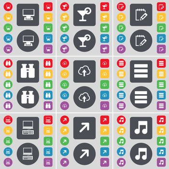Monitor, Cocktail, Notebook, Binoculars, Cloud, Apps, Laptop, Full screen, Note icon symbol. A large set of flat, colored buttons for your design. illustration