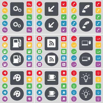 Gear, Deploying screen, Ink pot, Gas station, RSS, Laptop, Palette, Cup, Light bulb icon symbol. A large set of flat, colored buttons for your design. illustration