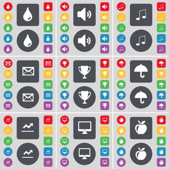 Drop, Sound, Note, Message, Cup, Umbrella, Graph, Monitor, Apple icon symbol. A large set of flat, colored buttons for your design. illustration