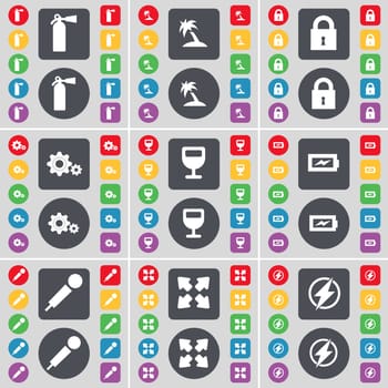 Fire extinguisher, Palm, Lock, Gear, Wineglass, Charging, Microphone, Full screen, Flash icon symbol. A large set of flat, colored buttons for your design. illustration