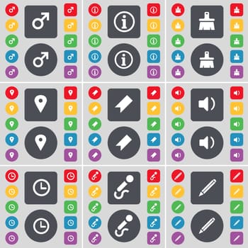 Mars symbol, Information, Brush, Checkpoint, Marker, Sound, Clock, Microphone, Pencil icon symbol. A large set of flat, colored buttons for your design. illustration