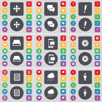 Moving, Chat, Exclamation mark, Hard drive, SMS, Lens, Calendar, Cloud, Silhouette icon symbol. A large set of flat, colored buttons for your design. illustration
