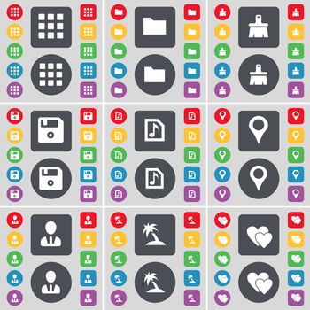 Apps, Folder, Brush, Floppy, Music file, Checkpoint, Avatar, Palm, Heart icon symbol. A large set of flat, colored buttons for your design. illustration