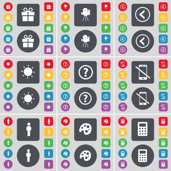Gift, Film camera, Arrow left, Light, Question mark, Smartphone, Silhouette, Palette, Calendar icon symbol. A large set of flat, colored buttons for your design. illustration