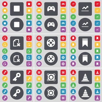 Media stop, Gamepad, Graph, File, Videotape, Marker, Key, Speaker, Cone icon symbol. A large set of flat, colored buttons for your design. illustration