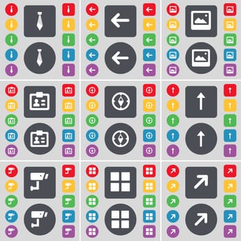 Tie, Arrow left, Window, Contact, Compass, Arrow up, CCTV, Apps, Full screen icon symbol. A large set of flat, colored buttons for your design. illustration