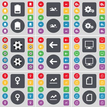 Battery, Silhouette, Gear, Ball, Arrow left, Monitor, Venus symbol, Graph, File icon symbol. A large set of flat, colored buttons for your design. illustration