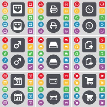 LAN socket, Printer, Compass, Mars symbol, Hard drive, File, Calendar, Credit card, Shopping cart icon symbol. A large set of flat, colored buttons for your design. illustration
