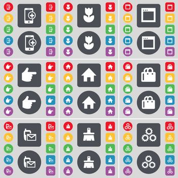 Smartphone, Flower, Window, Hand, House, Shopping bag, SMS, Brush, Gear icon symbol. A large set of flat, colored buttons for your design. illustration