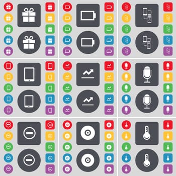 Gift, Battery, Connection, Tablet PC, Graph, Microphone, Minus, Disk, Thermometer icon symbol. A large set of flat, colored buttons for your design. illustration