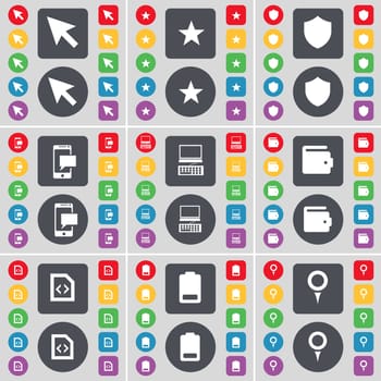 Cursor, Star, Badge, SMS, Laptop, Wallet, File, Battery, Checkpoint icon symbol. A large set of flat, colored buttons for your design. illustration