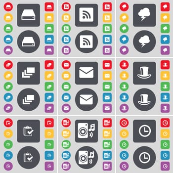 Hard drive, RSS, Lightning, Gallery, Message, Silk hat, Survey, Speaker, Clock icon symbol. A large set of flat, colored buttons for your design. illustration