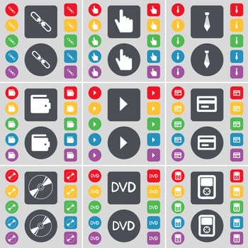 Link, Hand, Tie, Wallet, Media play, Credit card, Disk, DVD, Player icon symbol. A large set of flat, colored buttons for your design. illustration