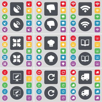Satellite dish, Dislike, Wi-Fi, Deploying screen, Cooking hat, Book, Monitor, Reload, Truck icon symbol. A large set of flat, colored buttons for your design. illustration