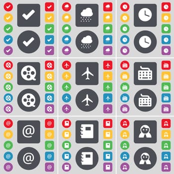 Tick, Cloud, Clock, Videotape, Airplane, Keyboard, Mail, Notebook, Avatar icon symbol. A large set of flat, colored buttons for your design. illustration