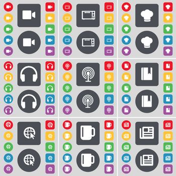 Film camera, Microwave, Cooking hat, Headphones, Wi-Fi, Dictionary, Web cursor, Cup, Newspaper icon symbol. A large set of flat, colored buttons for your design. illustration