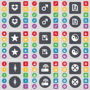Dropbox, Mars symbol, ZIP file, Star, Floppy, Yin-Yang, Silhouette, Router, Videotape icon symbol. A large set of flat, colored buttons for your design. illustration