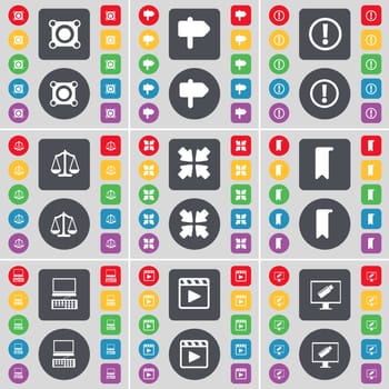 Speaker, Signpost, Warning, Scales, Deploying screen, Marker, Laptop, Media player, Monitor icon symbol. A large set of flat, colored buttons for your design. illustration