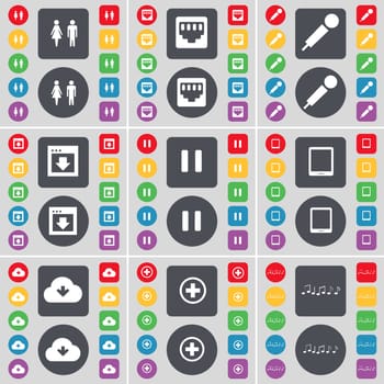 Silhouette, LAN socket, Microphone, Window, Pause, Tablet PC, Cloud, Plus, Notes icon symbol. A large set of flat, colored buttons for your design. illustration