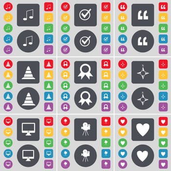 Note, Tick, Quotation mark, Cone, Medal, Connection, Monitor, Film camera, Heart icon symbol. A large set of flat, colored buttons for your design. illustration