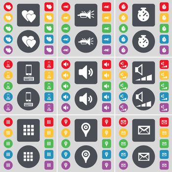 Heart, Trumped, Stopwatch, Smartphone, Sound, Volume, Apps, Checkpoint, Message icon symbol. A large set of flat, colored buttons for your design. illustration