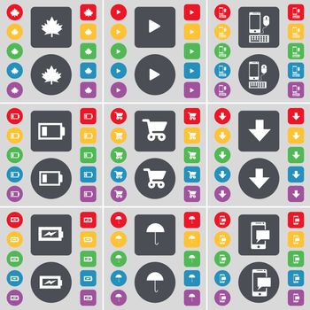 Maple leaf, Media play, Smartphone, Battery, Shopping cart, Arrow down, Charging, Umbrella, SMS icon symbol. A large set of flat, colored buttons for your design. illustration