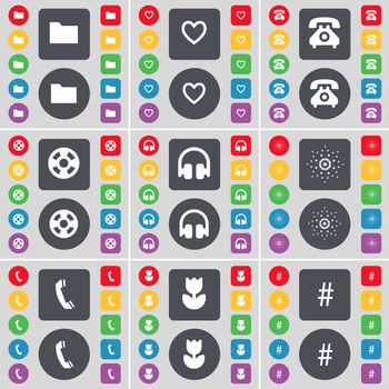 Folder, Heart, Retro phone, Videotape, Headphones, Star, Receiver, Flower, Hashtag icon symbol. A large set of flat, colored buttons for your design. illustration