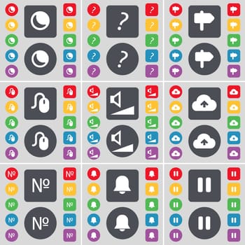 Moon, Question mark, Signpost, Mouse, Volume, Cloud, Number, Notification, Pause icon symbol. A large set of flat, colored buttons for your design. illustration