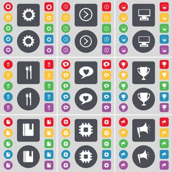 Gear, Arrow right, Monitor, Fork and knife, Chat bubble, Cup, Dictionary, Processor, Megaphone icon symbol. A large set of flat, colored buttons for your design. illustration